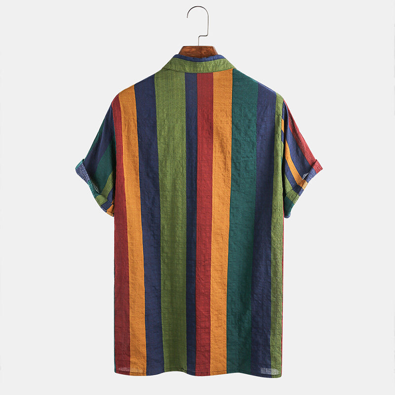 Mens Thin & Breathable Cotton Colorful Stripe Holiday Shirt